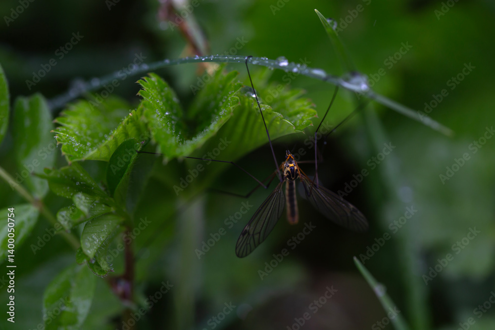 Fototapeta premium crane fly with transparent wings resting on wet green leaf with dew drops in lush summer foliage