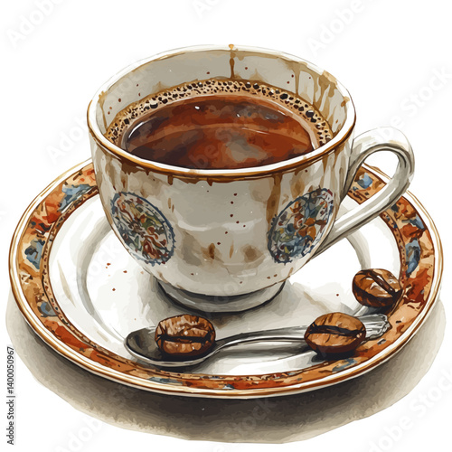Turkish Coffee, vector watercolor illustration, isolated on a white background.