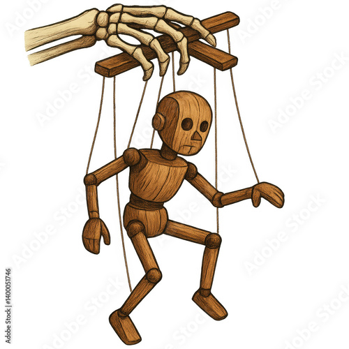 Wooden Puppet Controlled by Skeleton Hand – Surreal Concept of Manipulation and Control