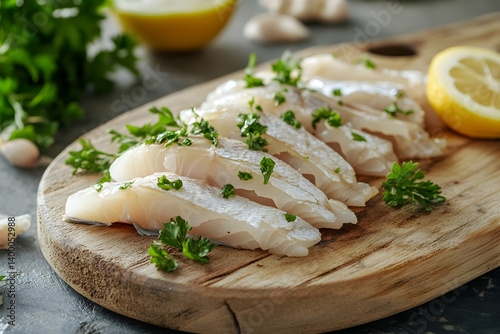 Sliced smoked fish served with parsley and lemon on a rustic wooden board