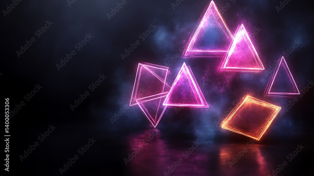 Glowing Neon Triangles and Cubes Float in Dark Space Glowing Neon Triangles and Cubes Float in Dark Space