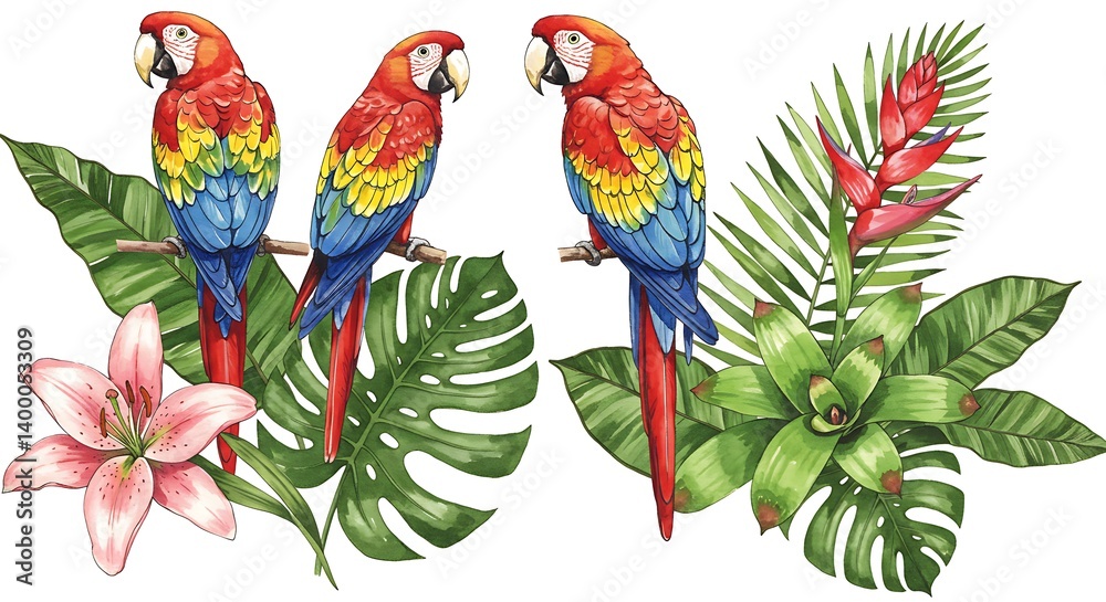 Fototapeta premium Vibrant Watercolor Macaws Amidst Lush Tropical Flora AI Generated