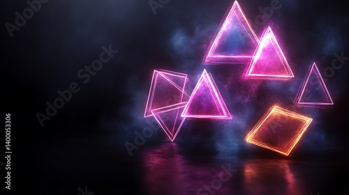 Wallpaper Mural Glowing Neon Triangles and Cubes Float in Dark Space Torontodigital.ca