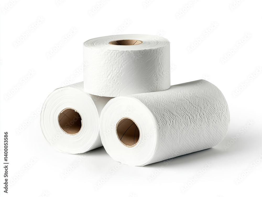 Stack of three rolls of white patterned toilet paper, with cardboard tubes visible, on a white surface. Stack of three rolls of white patterned toilet paper, with cardboard tubes visible, on a white surface.