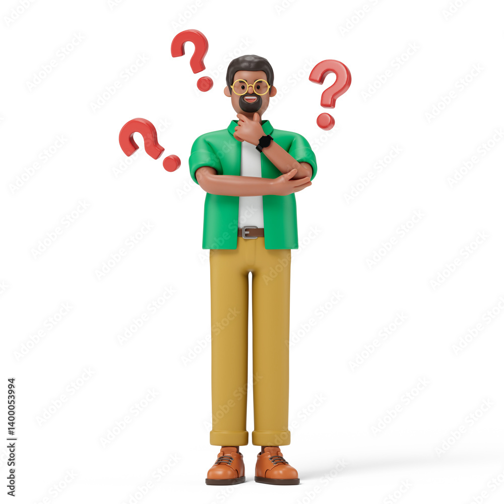 A man thinks, surrounded by floating question marks, symbolizing uncertainty or decision-making. 3D rendering, conceptual image. Isolated on white background. A man thinks, surrounded by floating question marks, symbolizing uncertainty or decision-making. 3D rendering, conceptual image. Isolated on white background.