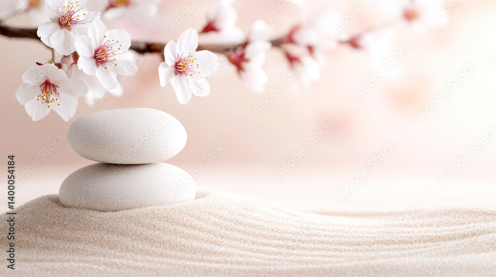 Calm stones stacked on soft sand beneath cherry blossom branches create peaceful scene. delicate flowers add touch of nature beauty, enhancing Calm stones stacked on soft sand beneath cherry blossom branches create peaceful scene. delicate flowers add touch of nature beauty, enhancing