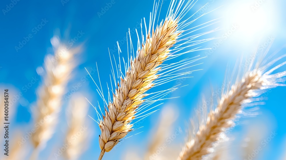 Golden wheat ear against a blue summer sky Golden wheat ear against a blue summer sky