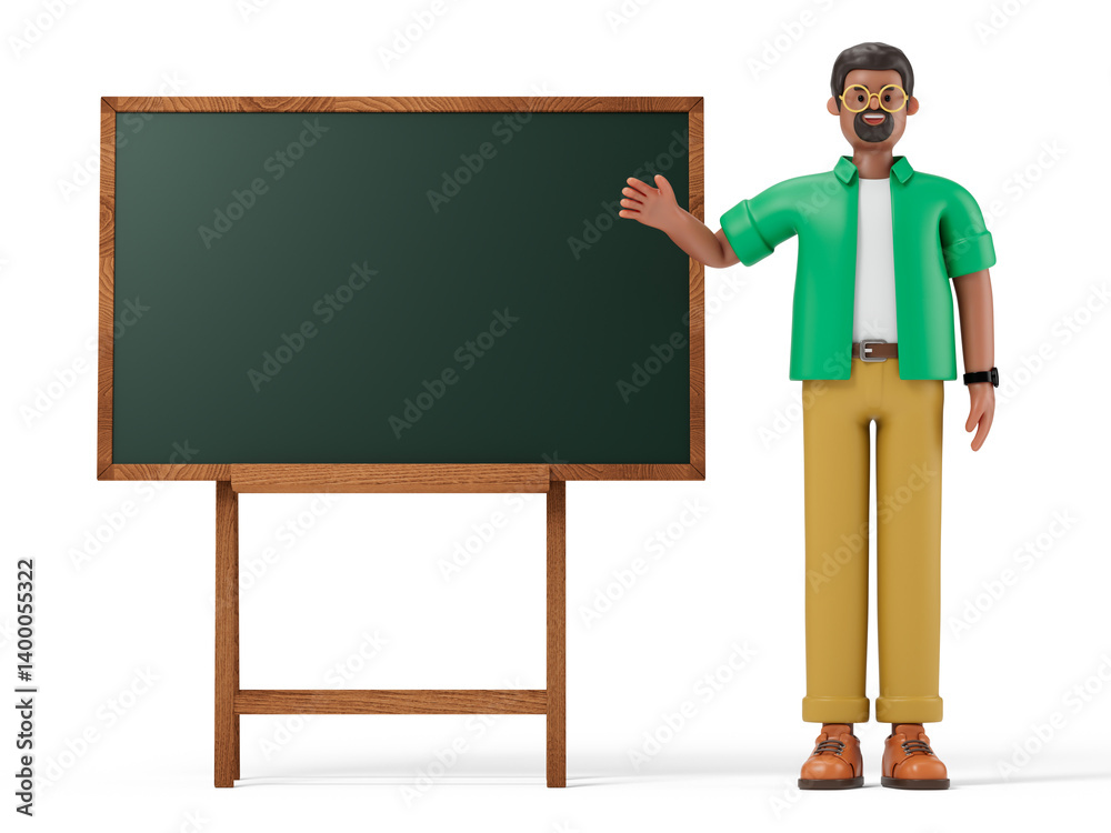A man points to a blank chalkboard, symbolizing teaching or presenting information. 3D rendering, conceptual image. Isolated on white background. A man points to a blank chalkboard, symbolizing teaching or presenting information. 3D rendering, conceptual image. Isolated on white background.
