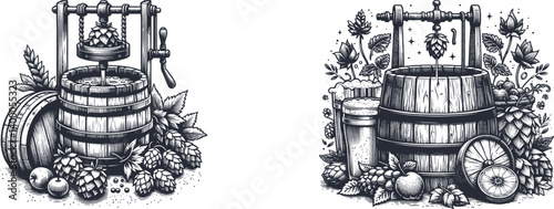 Engraving Design Set Beer with Barrels, Hops, and Fresh Fruits - Rustic Pub Decor beer glasses, vintage, illustration, hop, barrel,woodcut,  wheat, fruits, healthy, food, nature, fresh, vitamins