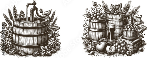 Engraving Design Set Beer with Barrels, Hops, and Fresh Fruits - Rustic Pub Decor historical, antique, set, vector print, clip art, ink, isolated 