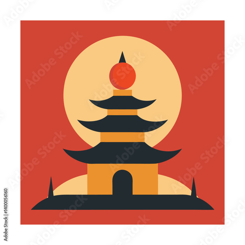 A festive vector illustration shows a Buddhist temple and pagoda, a holiday design with a red background