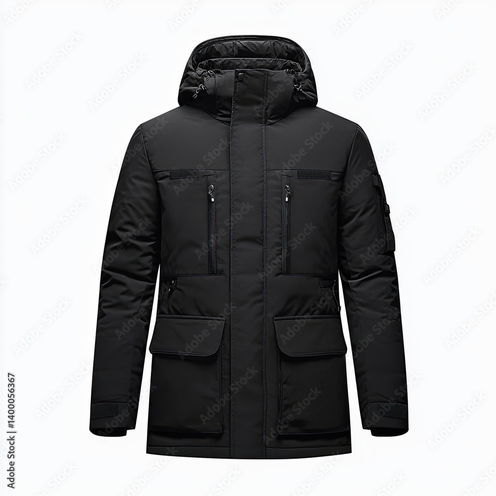 Naklejka premium Black winter parka with hood