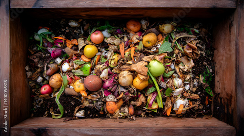 Decomposing organic matter within a wooden composter creating nutrient rich soil enhancer photo