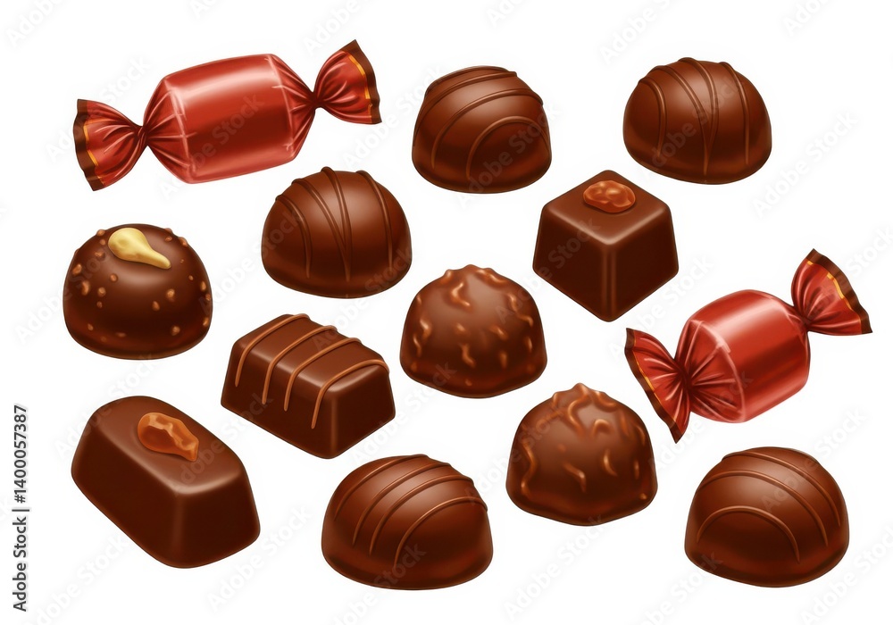 Assorted chocolates with different shapes and toppings arranged on a white background illustration Assorted chocolates with different shapes and toppings arranged on a white background illustration