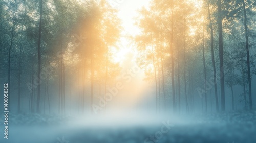 Forest at dawn with mist and sunlight filtering through trees