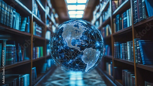 Global Education Network, a vibrant globe surrounded by interconnected books symbolizing universal access to knowledge and learning