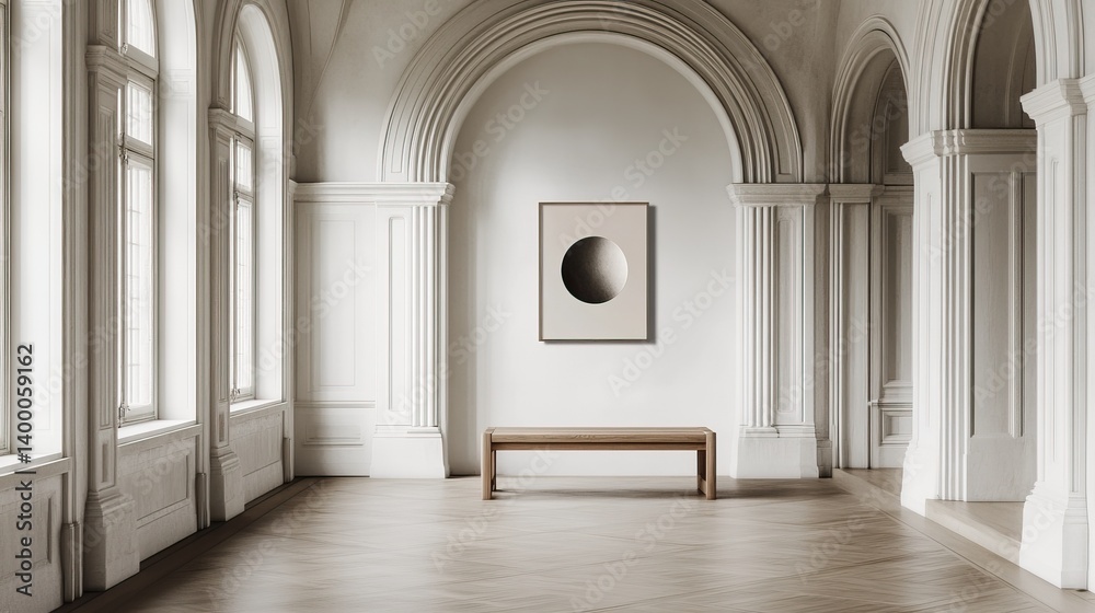 Minimal hallway space with clean white walls, wooden bench, and monochrome art Minimal hallway space with clean white walls, wooden bench, and monochrome art