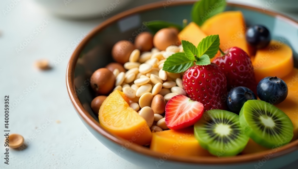 Close-up of vibrant grain and nut superfood bowl with seeds and fresh fruit, mindful eating, healthy lifestyle, mix nuts Close-up of vibrant grain and nut superfood bowl with seeds and fresh fruit, mindful eating, healthy lifestyle, mix nuts