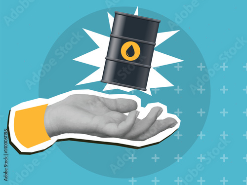Black and white hand holding a barrel of oil. Modern collage style. Vector illustration