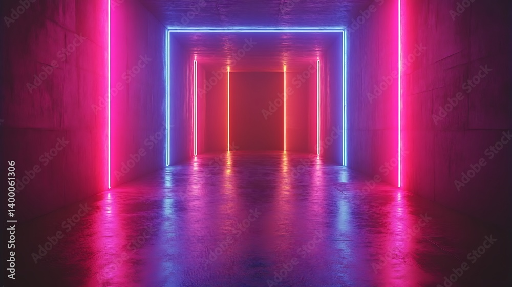 Neon Lights Illuminate Abstract Corridor Walls Neon Lights Illuminate Abstract Corridor Walls