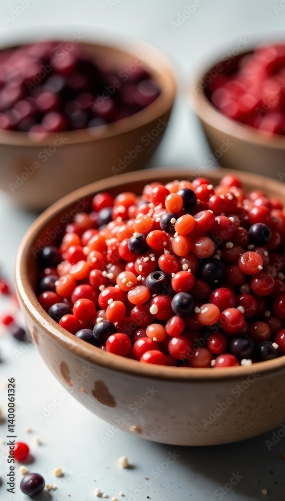 Close-up of vibrant mix of red, black, white quinoa grains in bowls, nutrition, colorful, raw Close-up of vibrant mix of red, black, white quinoa grains in bowls, nutrition, colorful, raw