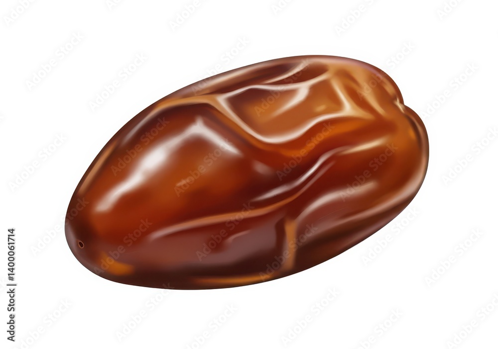A single, glossy, brown date with visible wrinkles on a plain white background in a studio shot A single, glossy, brown date with visible wrinkles on a plain white background in a studio shot