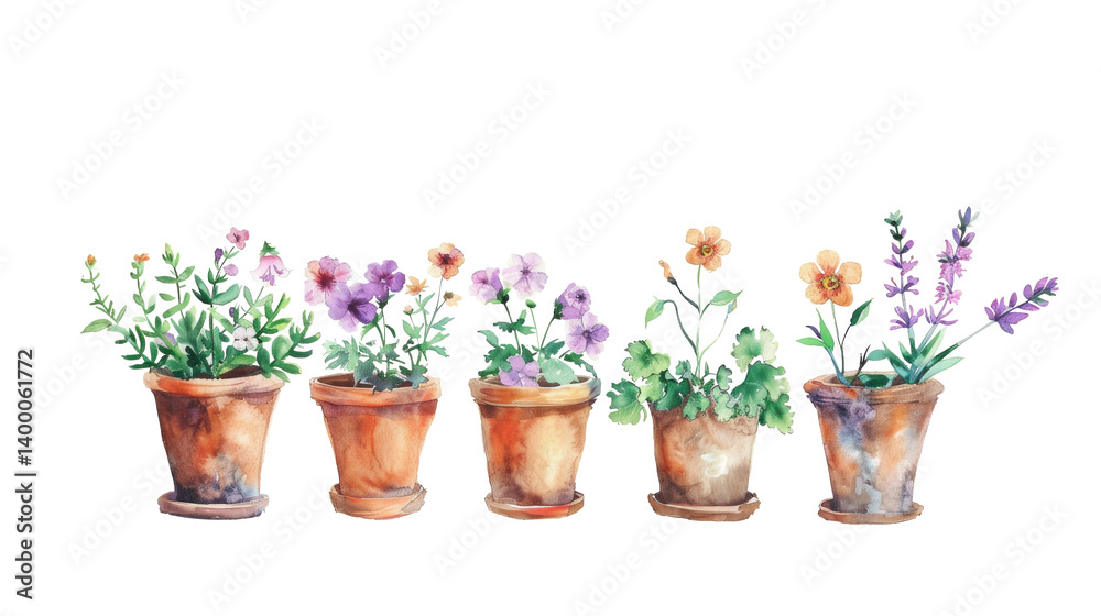 Colorful potted flowers arranged in a row showcasing various plant species in a garden setting