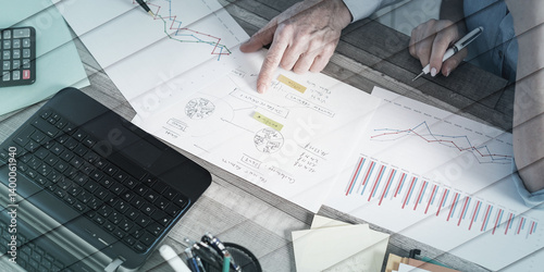 Two business people working together, geometric pattern