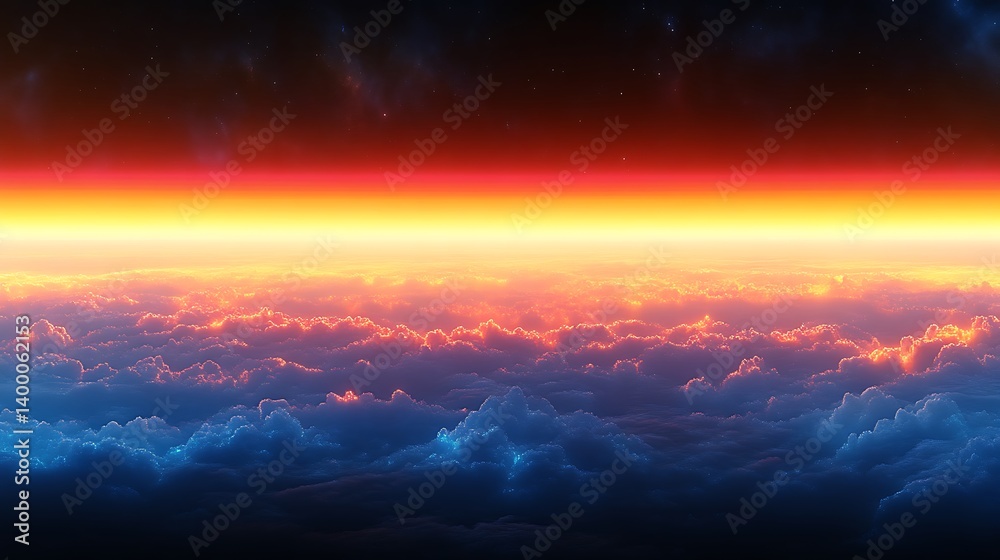Fototapeta premium Above the Clouds a Fiery Sunset Illuminates the Heavens