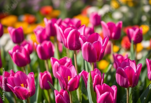 Close-up of vibrant purple tulips blooming in spring, wallpaper, spring flowers