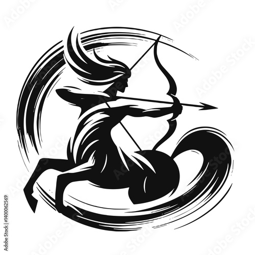 zodiac symbol sagittarius -  Centaur archer aiming with bow in dynamic black and white style  