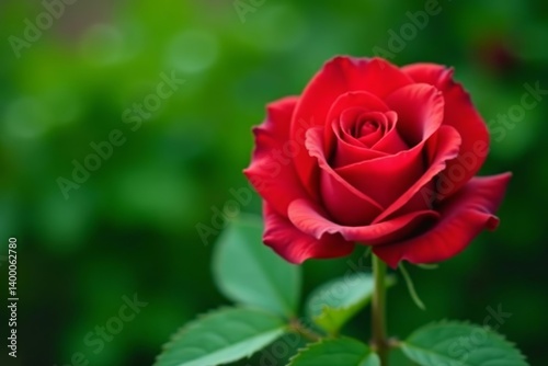 Close-up of vibrant red rose overlaid on lush green background, floral, botanical, nature