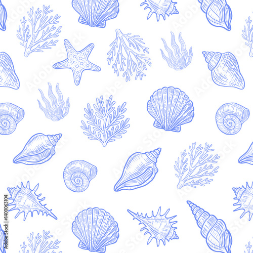Seamless marine pattern with blue vintage sea elements: corals, starfish, seashells and algae. Blue marine seamless pattern with shells and corals.