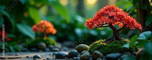 Close-up of vibrant tropical foliage and miniature bonsai trees glowing under artificial light in a lush garden setting, artificial light, lush