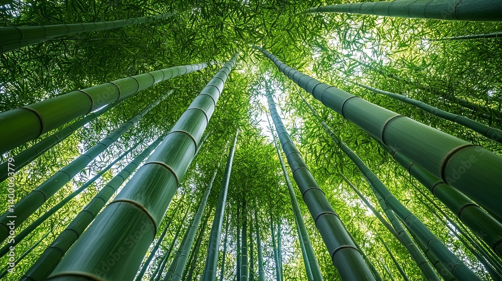 Low angle shot of a bamboo forest with tall green stalks reaching towards the sky and lush green leaves Low angle shot of a bamboo forest with tall green stalks reaching towards the sky and lush green leaves