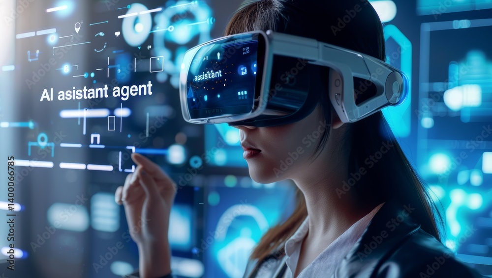 Female woman worker working with virtual reality agent wearing sleek VR goggles headset and a holographic interface, A Futuristic Agency Female woman worker working with virtual reality agent wearing sleek VR goggles headset and a holographic interface, A Futuristic Agency