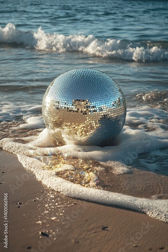Mirror ball rests on the shore, waves reflecting a shimmering, ethereal light.