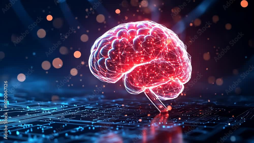 Glowing brain abstract on digital circuit board background illustrating artificial intelligence and machine learning Glowing brain abstract on digital circuit board background illustrating artificial intelligence and machine learning