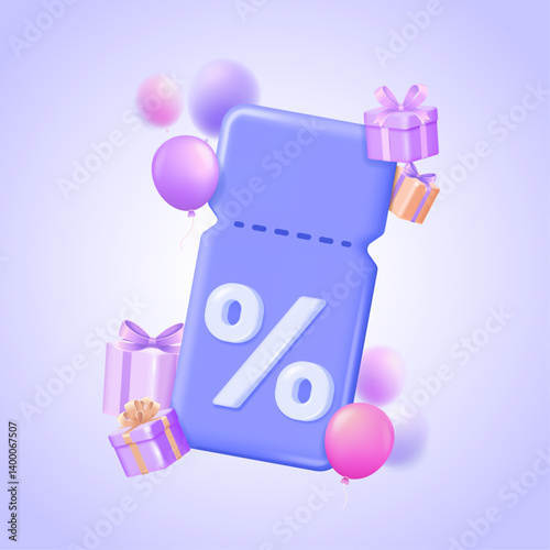 Discount coupon or price tag template with balloons and gift boxes, cashback voucher with percent symbol in festive pseudo 3d style. Perfect for promo and loyalty. 3d vector illustration.