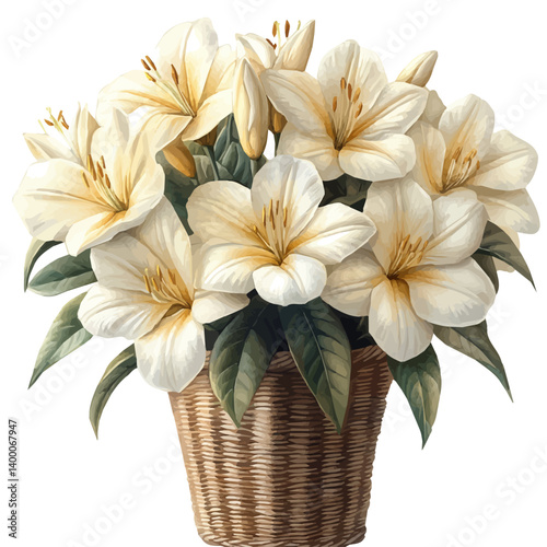 illustration of Tuberose Bouquet In A Basket, watercolor vector, isolated on a white background.