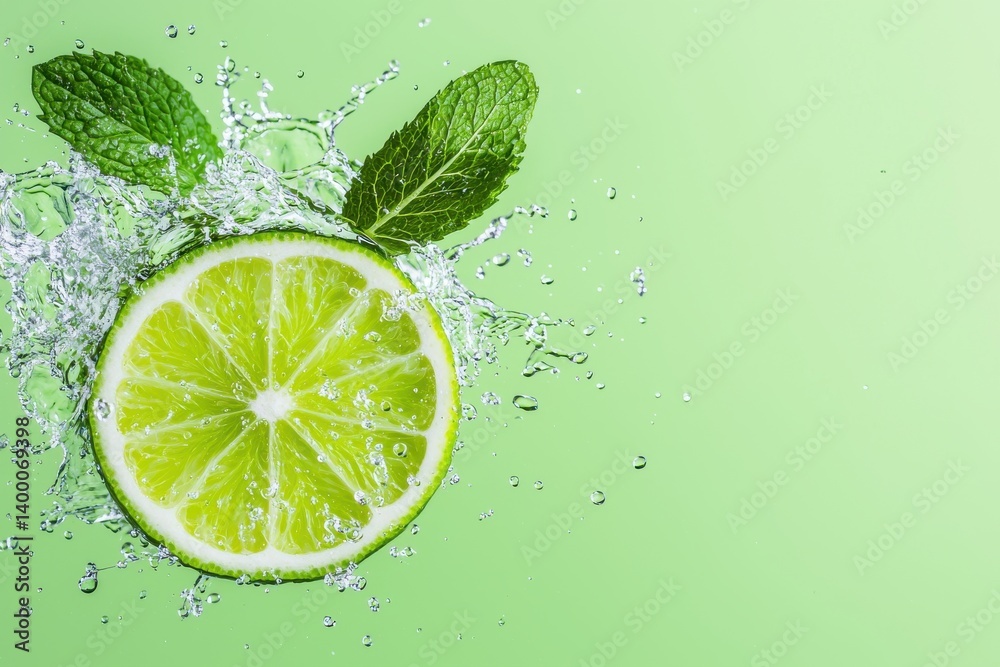 Fresh lime slice with mint leaves splashing in sparkling water against a vibrant green background Fresh lime slice with mint leaves splashing in sparkling water against a vibrant green background