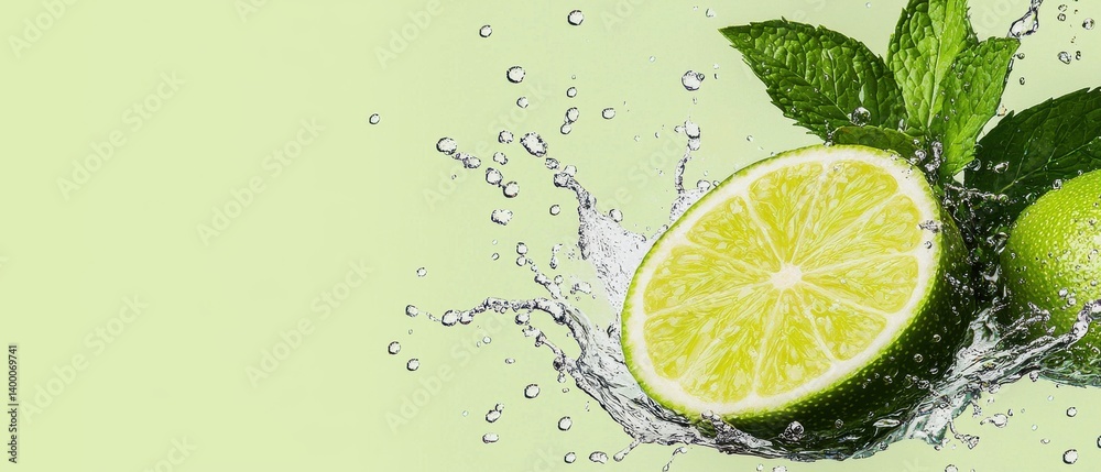 Fresh Lime Slice Splashing in Water with Mint Leaves on Soft Green Background Fresh Lime Slice Splashing in Water with Mint Leaves on Soft Green Background