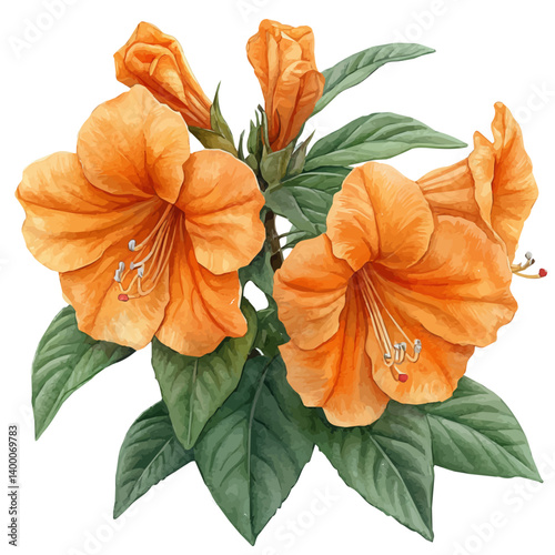 illustration of Trumpet Vine Branch, watercolor vector, isolated on a white background.