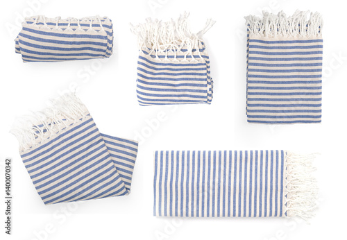 Set of folded blue beach towel isolated on white, top view