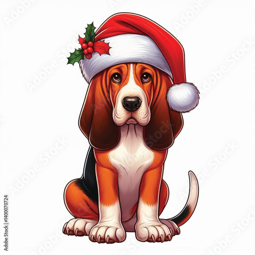 Cute Christmas Santa hat Cartoon Bloodhound Dog Vector Illustration isolated