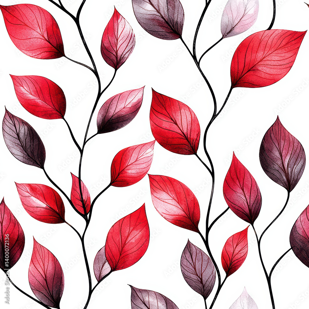 Summer of Intricate watercolor botanical pattern with red leaves Summer of Intricate watercolor botanical pattern with red leaves