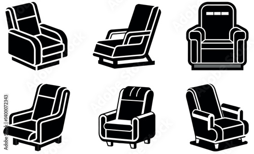 Black Silhouette Armchairs Set,  Recliner Chair Icons, Comfortable Furniture Designs