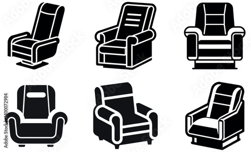 Black Silhouette Armchairs Set,  Recliner Chair Icons, Comfortable Furniture Designs