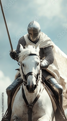 Armored knight on horseback, lance in hand, against a cloudy sky, ready for battle or a noble quest.