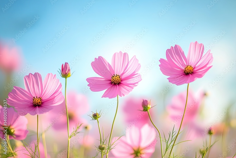 Pink cosmos flowers in a field against a clear sky Pink cosmos flowers in a field against a clear sky